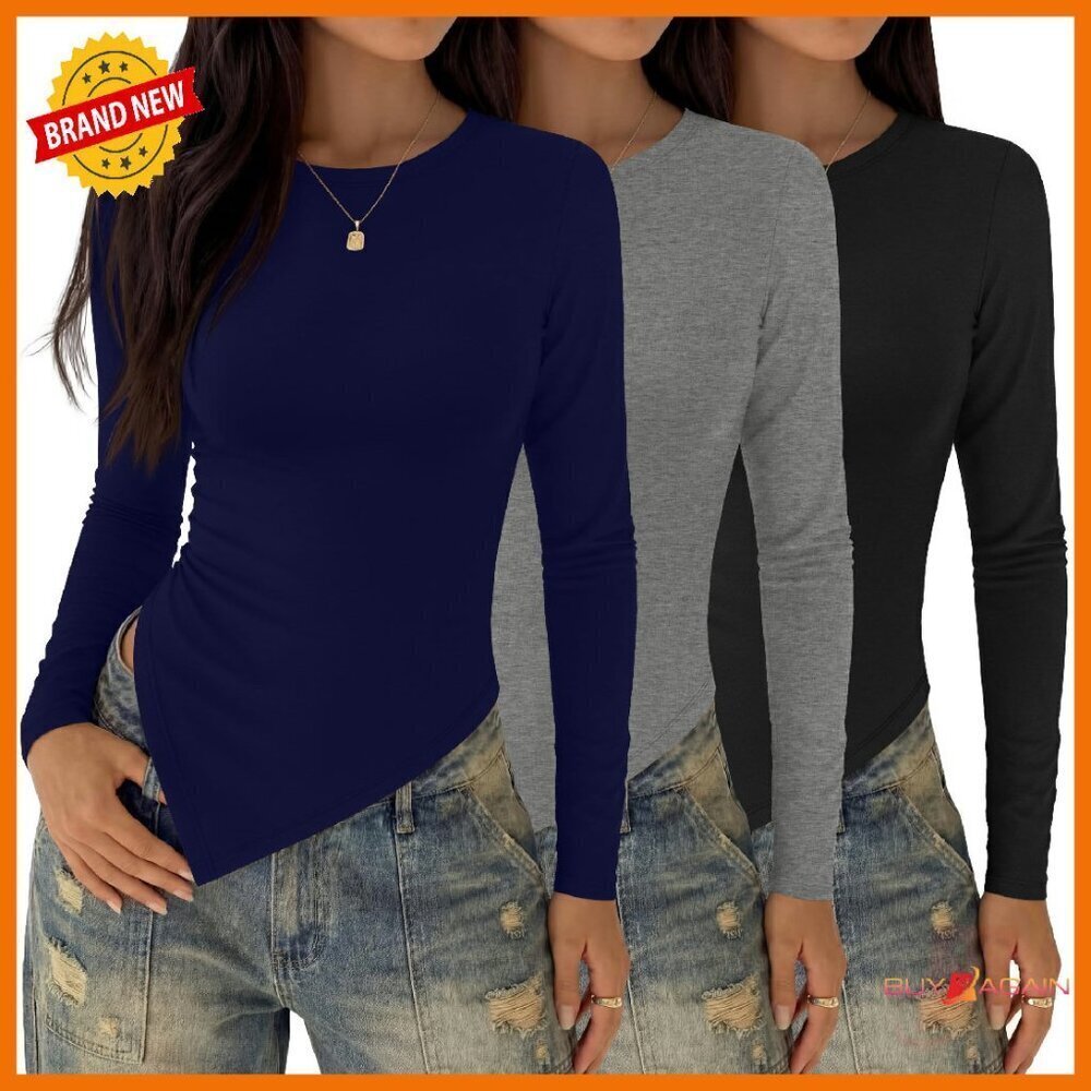 3 Pack Long Sleeve Asymmetrical Tops Ruched Slit Fitted Tees Women's